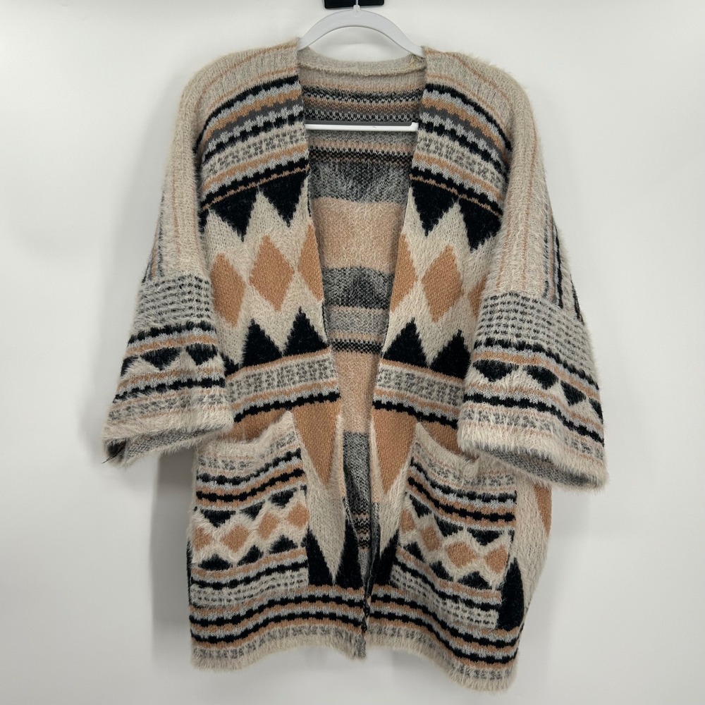 Womens Eyelash Knit Geometric Tribal Open Front Cardigan Sweater L Tan Black